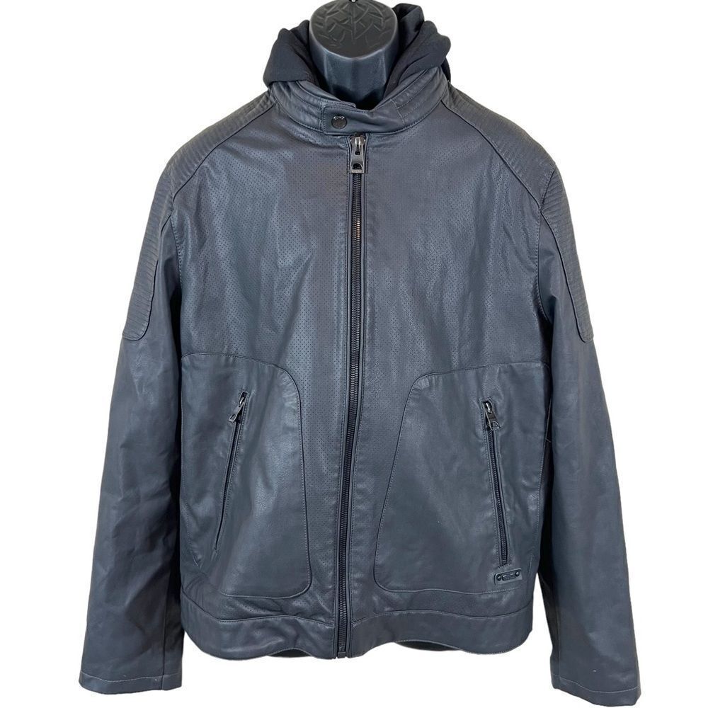 GUESS Black Hooded Lightweight Vegan Faux Leather Moto Zip Jacket